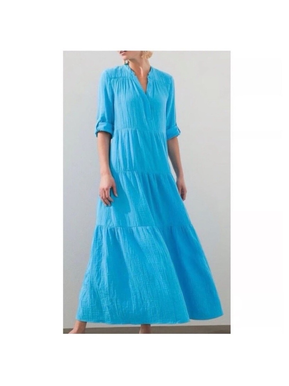 Chico's Bright Sky Blue Tiered Cotton Gauze Maxi Dress